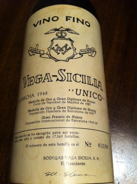 Botella vino Vega - Sicilia cosecha 1948 ; Nº 03.190 / 17.360