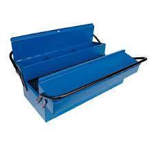caja metalica de herramientas azul y herramientas.