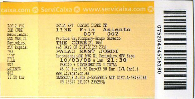 ENTRADAS THE CURE BARCELONA 3-10-2008