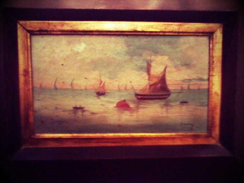 Pintura al Oleo sobre madera,Firmada por RAMG paisage marino con marco de epoca de 1.900.
