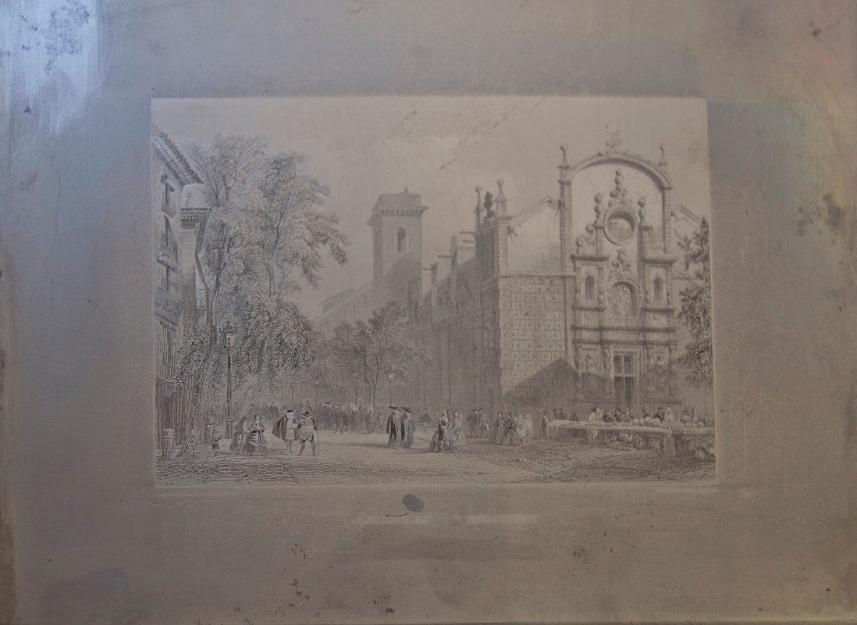 Plancha de acero con el grabado de Las Ramblas de Barcelona, hermanos Rouargue s. XIX
