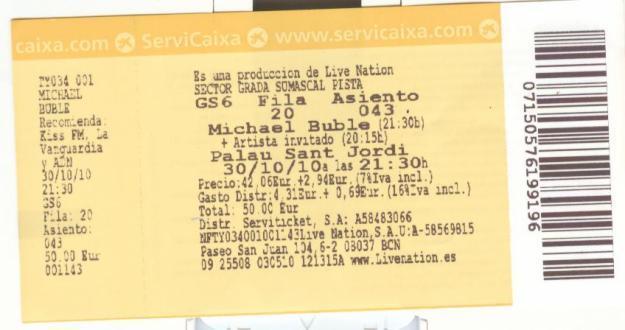 URGENTE!!!!1VENDO 2 ENTRADAS  PARA CONCIERTO DE MICHAEL BUBLE DIA 30-10-EN PALAU SANT JORD