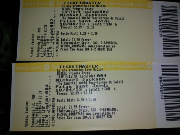 Vendo 2 entradas espectáculo The Inmortal ( Michael Jackson) Barcelona 18-4-2013