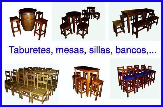 Mesas, sillas, taburetes, bancos, barricas de madera
