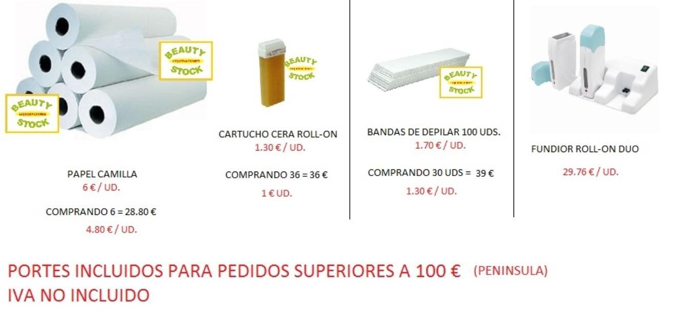 oferta en productos de estética, cartuchos de cera, papel de camilla,etc