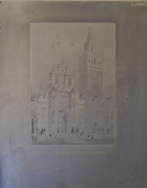 Plancha de acero grabado La Giralda, Catedral y Puerta del Perdón Sevilla, Rouargue s. XIX
