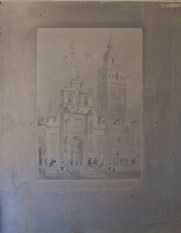 Plancha de acero grabado La Giralda, Catedral y Puerta del Perdón Sevilla, Rouargue S.XIX