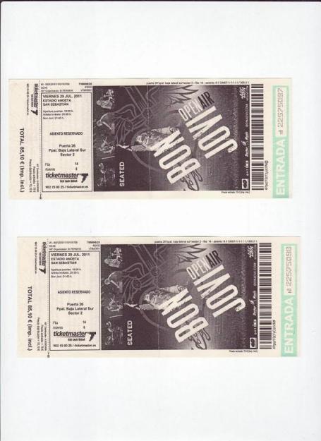 Vendo 2 entradas Bon Jovi 29 de Julio San Sebastián