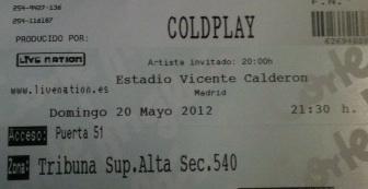 VENDO 2 ENTRADAS COLDPLAY MAYO 2012 EN MADRID