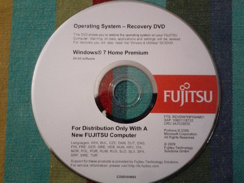 Fujitsu - DVD de recuperación Windows 7 Home Premium 64 - Recovery DVD