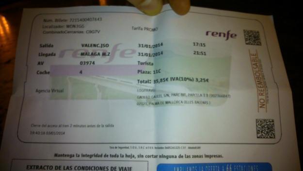 billete de tren valencia a Málaga dia 31 enero