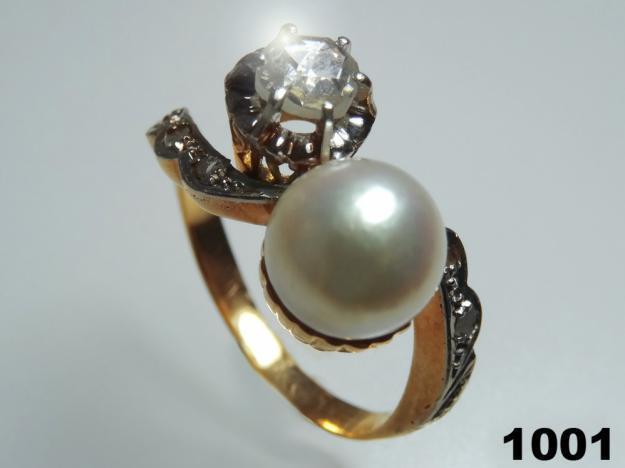 Anillo Antiguo ORO 18k con Diamantes y Perla Natural Sortija